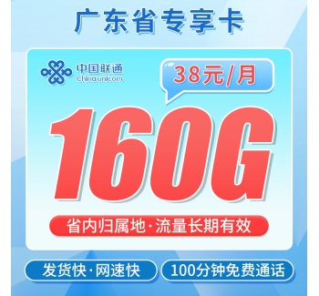 卡世界联通粤天卡38元160G+100分钟